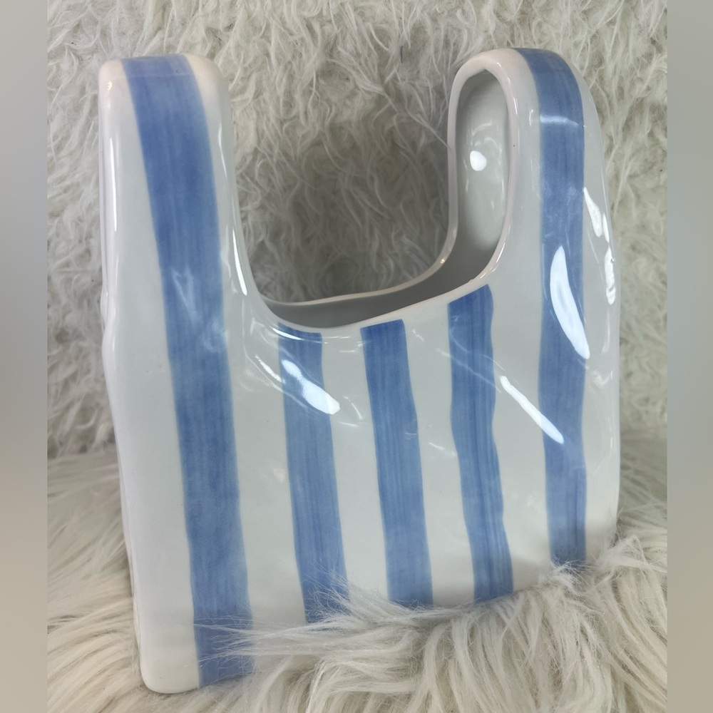 Nautical-Inspired White Ceramic Handbag with Blue Stripes - Elegant Home Décor - Picture 5 of 8